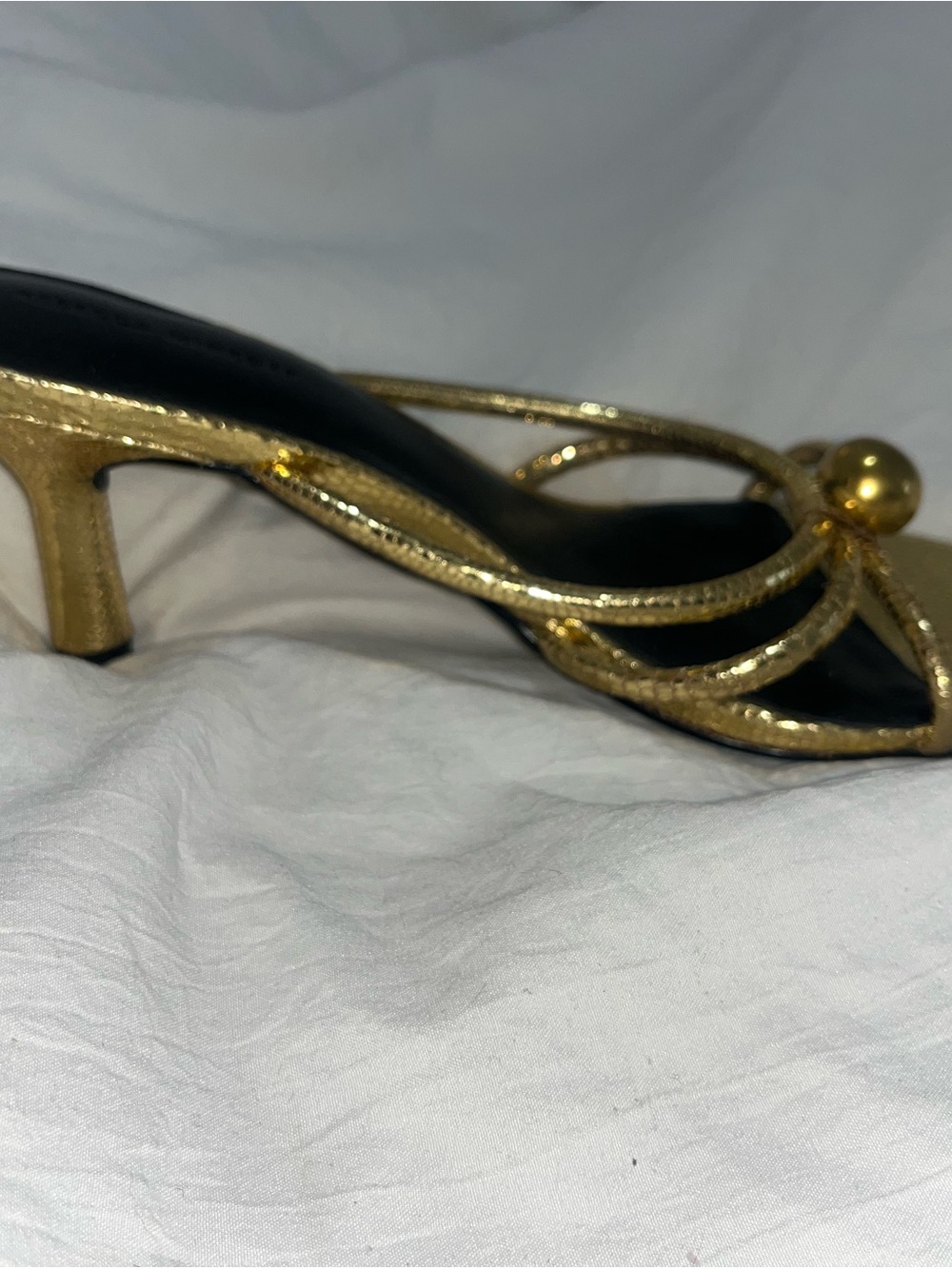Rebecca Minkoff Gold and Black Strappy Kitten Heel Sandals